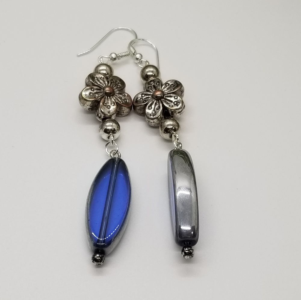 Blue Silver Czech Glass Bead Earrings